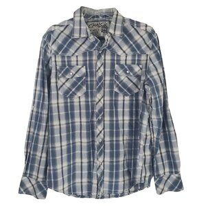 Chalc Western Shirt Button Up Blue White Plaid‎ Long Sleeve Mens Large